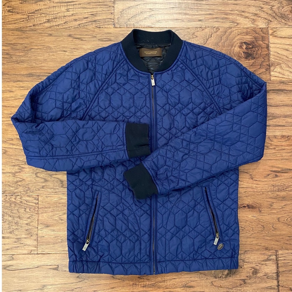 Scotch & Soda Mens Quilted Bomber Jacket Blue Geometric Hexagon Zip Medium